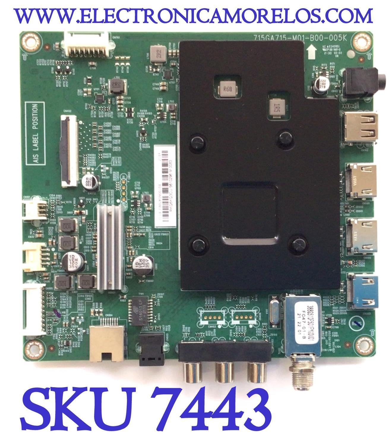 MAIN PARA TV INSIGNIA 4K UHD SMART FIRE TV / NUMERO DE PARTE XLCB02K090 / 756TXLCB02K090 / 715GA715-M01-B00-005K / PANEL TPT500WR-GT024.H REV:S13D / MODELO NS-50F310NA22